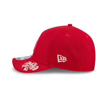 Pictured is this MLB Script LA Angels 9FORTY M-Crown A-Frame Adjustable cap in red. 4