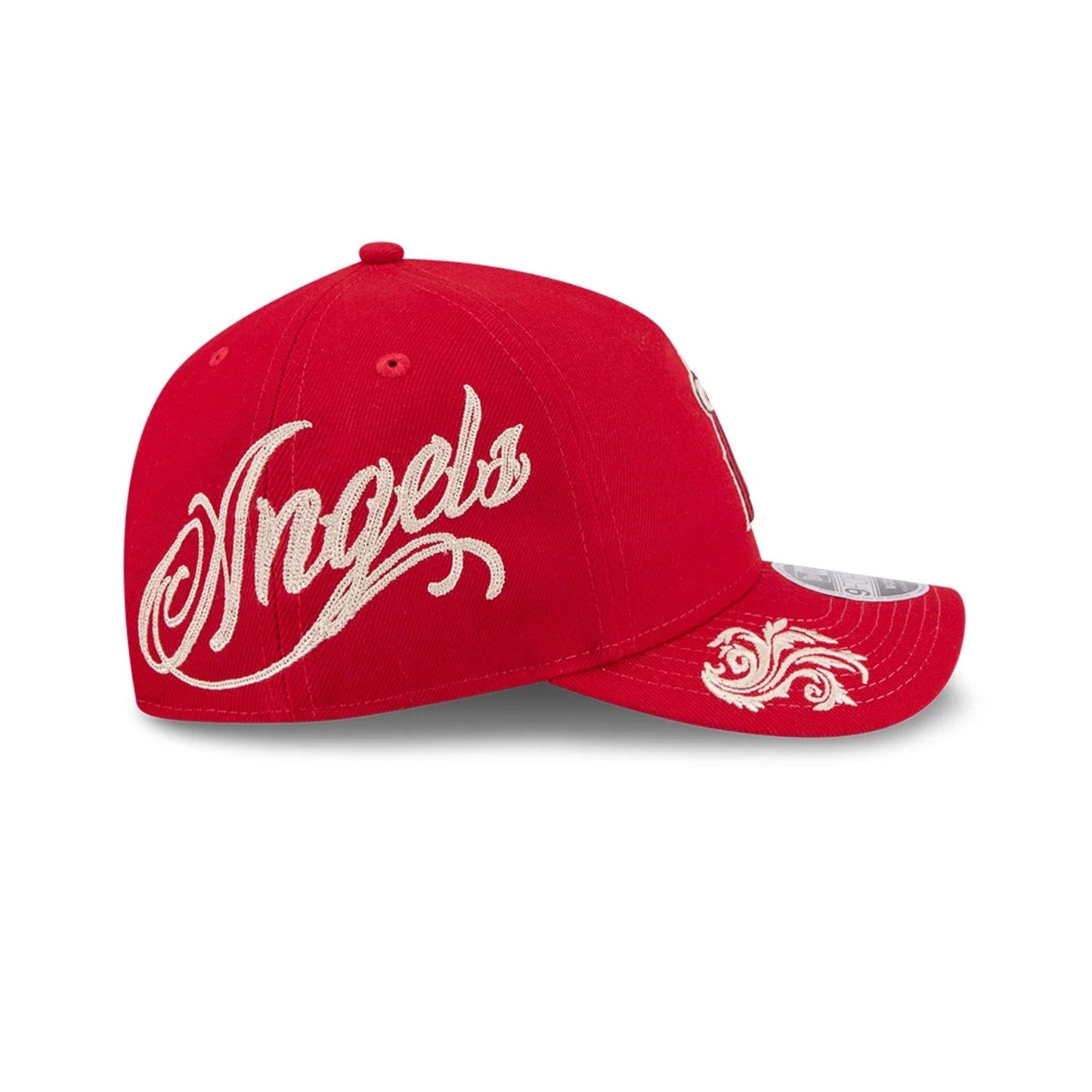 Pictured is this MLB Script LA Angels 9FORTY M-Crown A-Frame Adjustable cap in red. 5