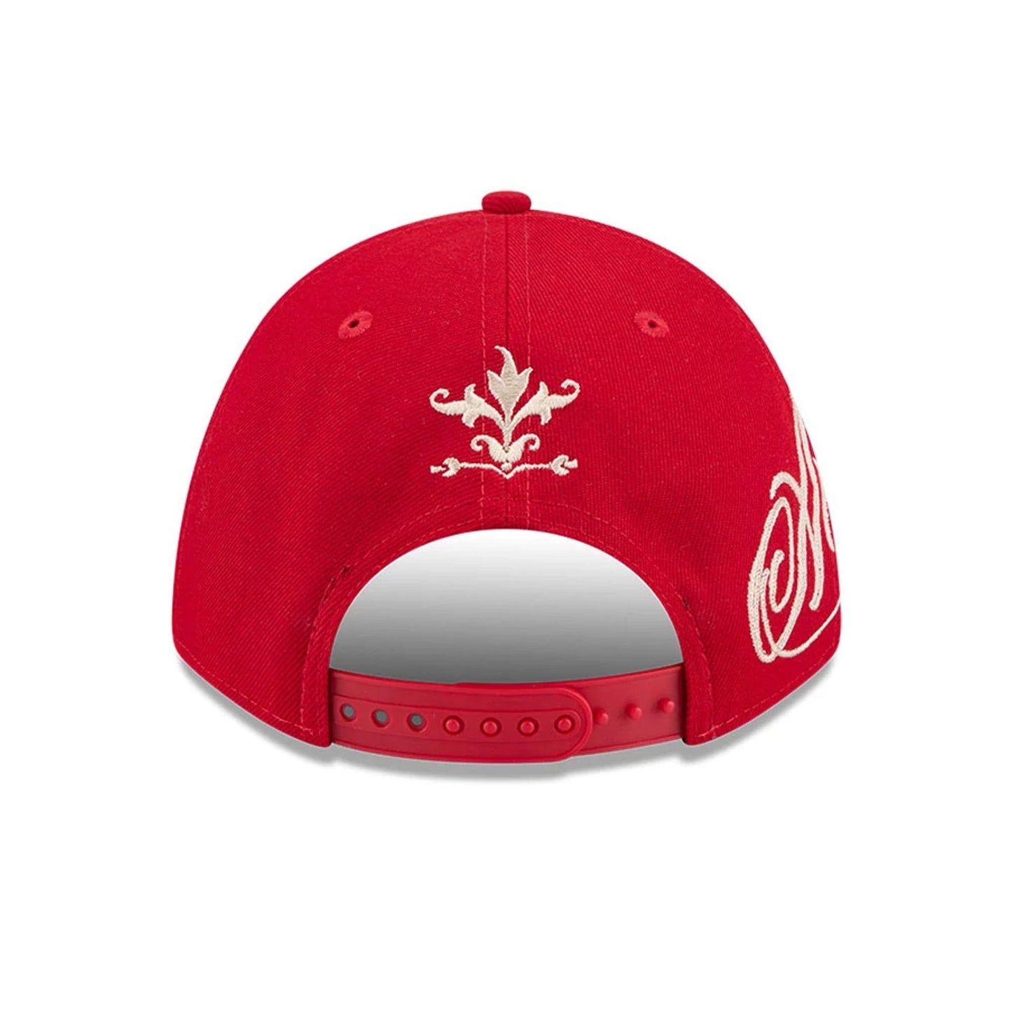 Pictured is this MLB Script LA Angels 9FORTY M-Crown A-Frame Adjustable cap in red. 3