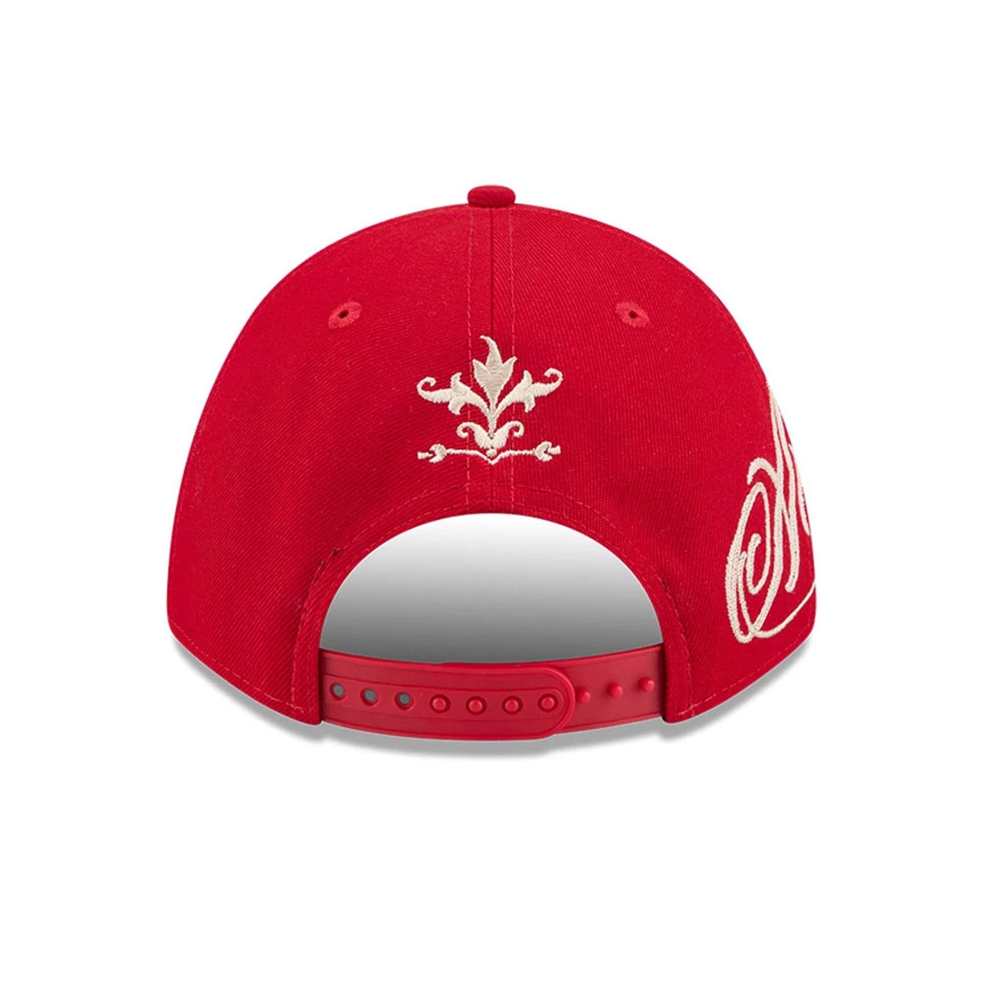 Pictured is this MLB Script LA Angels 9FORTY M-Crown A-Frame Adjustable cap in red. 3