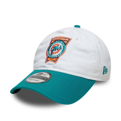 This is a Miami Dolphins NFL International Games 2025 White 9TWENTY Adjustable Cap 1