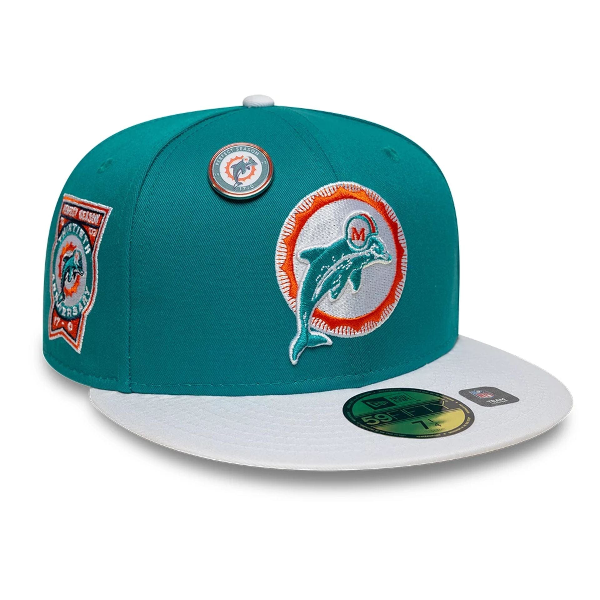 This is a Miami Dolphins NFL International Games 2025 Turquoise 59FIFTY Fitted Cap 1