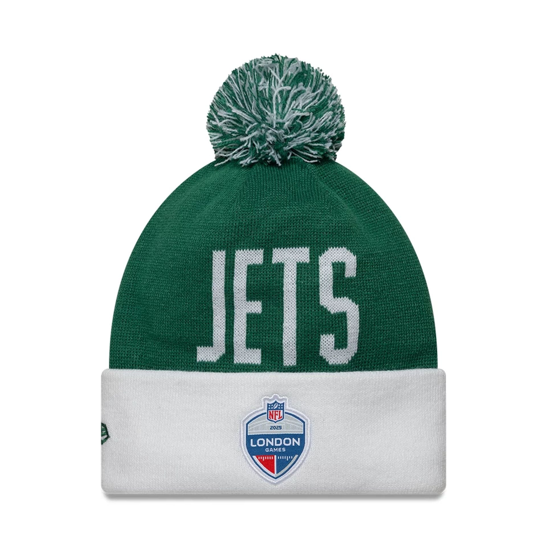 This is a New York Jets NFL London Games 2025 Green Cuff Knit Beanie Hat 2