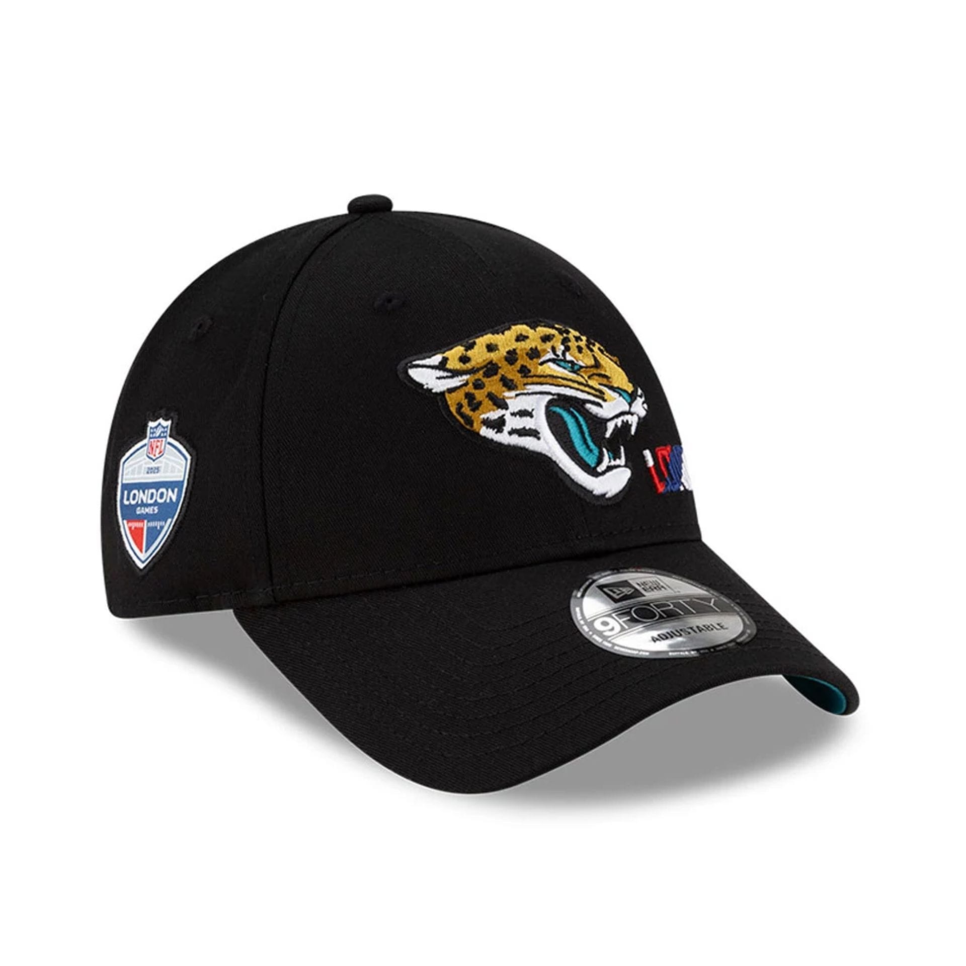 This is a Jacksonville Jaguars NFL London Games 2025 Black 9FORTY Adjustable Cap 1