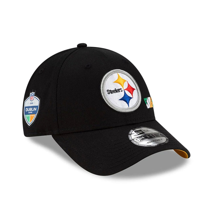 This is a Pittsburgh Steelers NFL Dublin Game 2025 Black 9FORTY Adjustable Cap 1