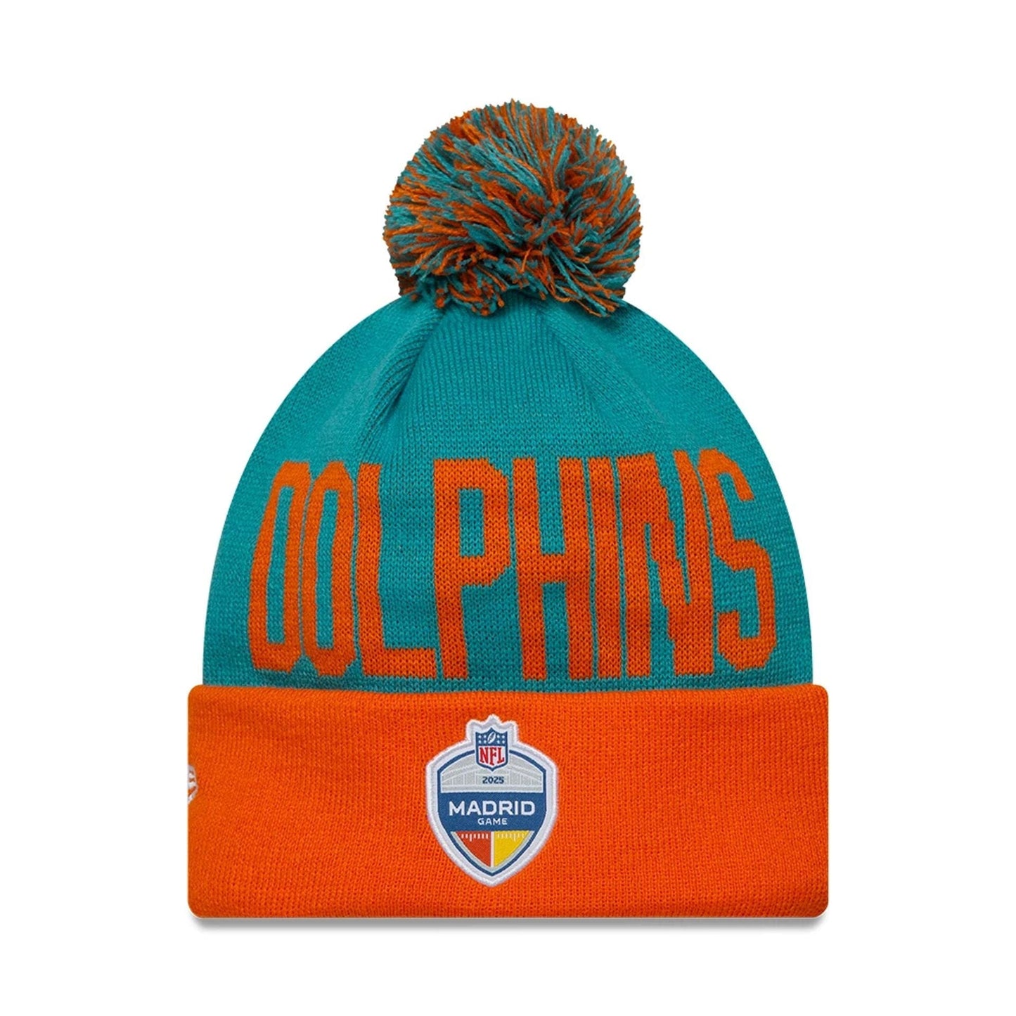 This is a Miami Dolphins NFL Madrid Game 2025 Turquoise Cuff Knit Beanie Hat 2