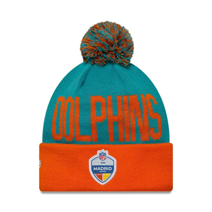 This is a Miami Dolphins NFL Madrid Game 2025 Turquoise Cuff Knit Beanie Hat 2
