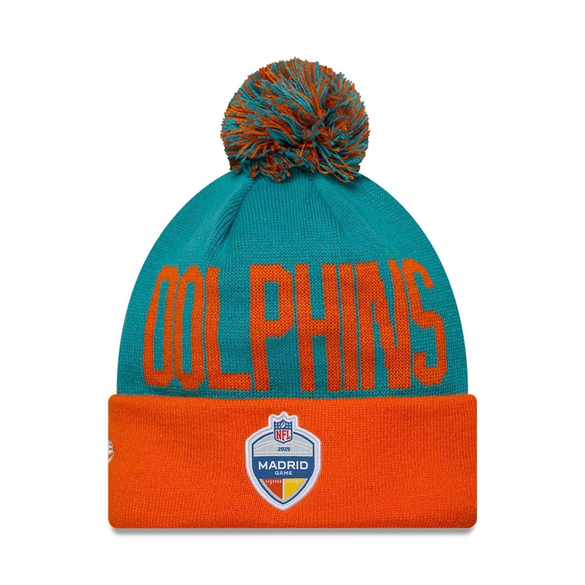This is a Miami Dolphins NFL Madrid Game 2025 Turquoise Cuff Knit Beanie Hat 2