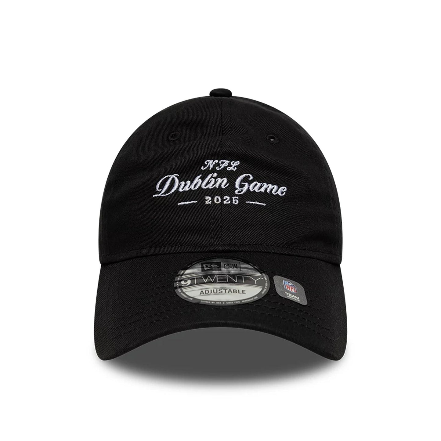This is a Shield Logo NFL Dublin Game 2025 Black 9TWENTY Adjustable Cap 2