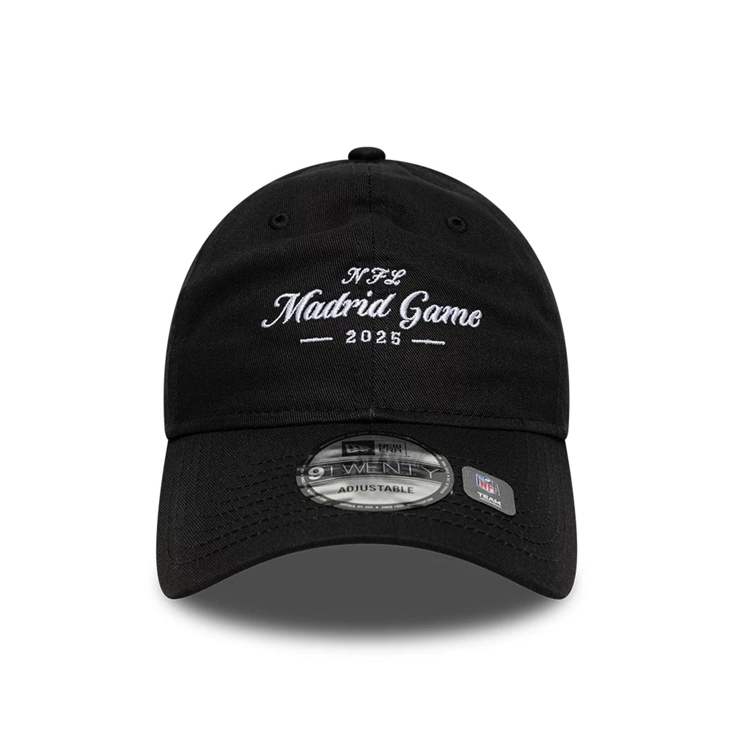 This is a Shield Logo NFL Madrid Game 2025 Black 9TWENTY Adjustable Cap 2
