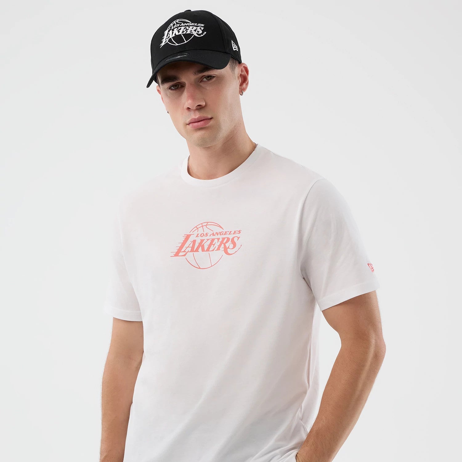 The Male model is wearing Lakers NBA Back To School Graphic White T-Shirt 3