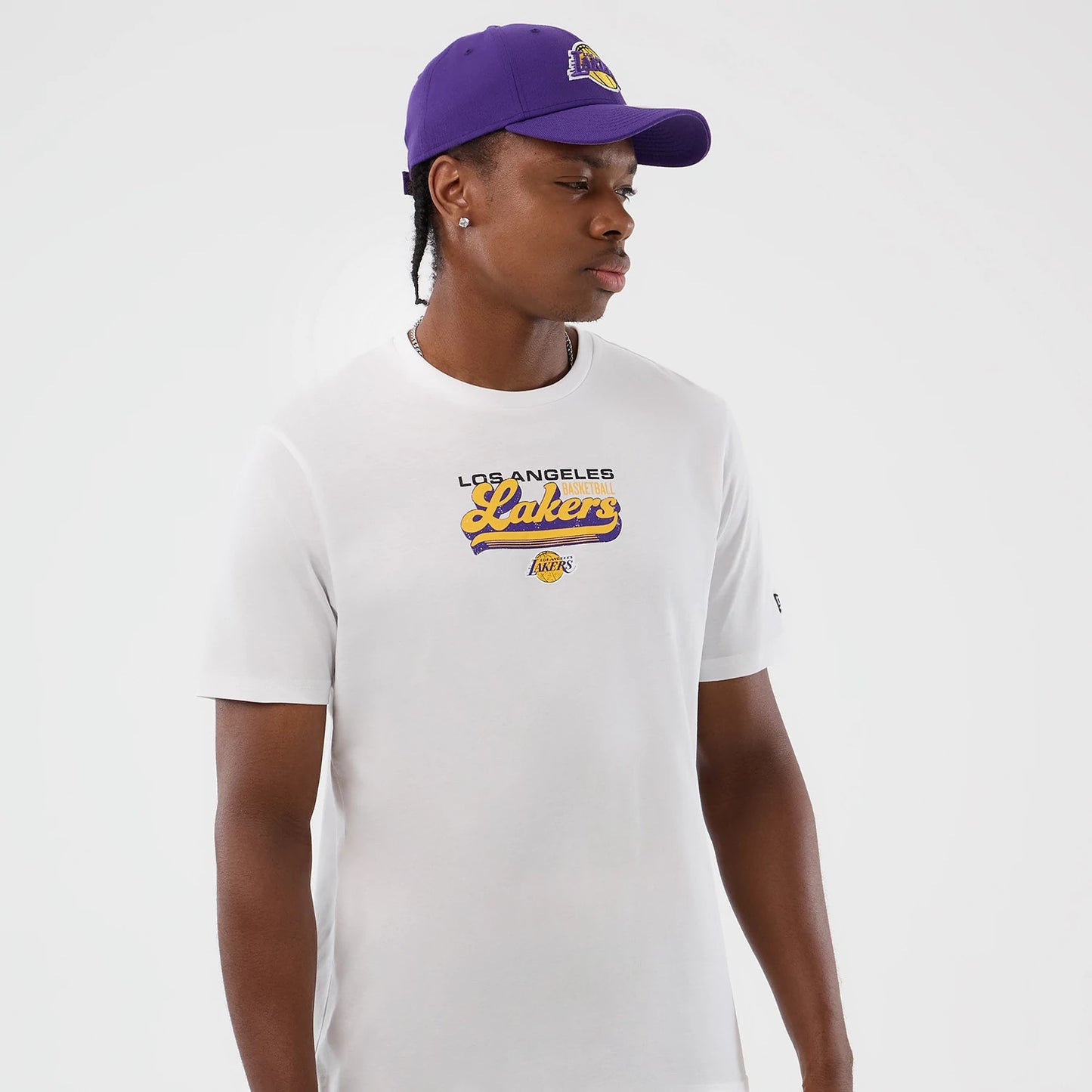 The Male model is wearing LA Lakers NBA Script Back To School White T-Shirt 6