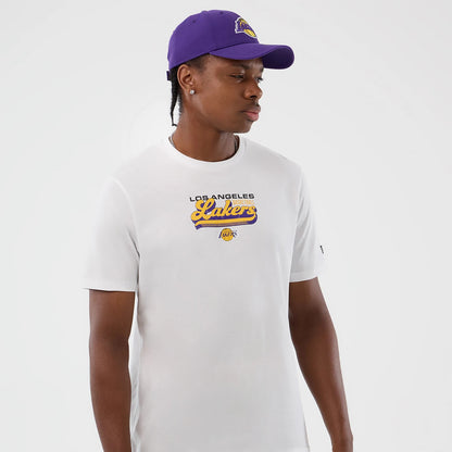 The Male model is wearing LA Lakers NBA Script Back To School White T-Shirt 6