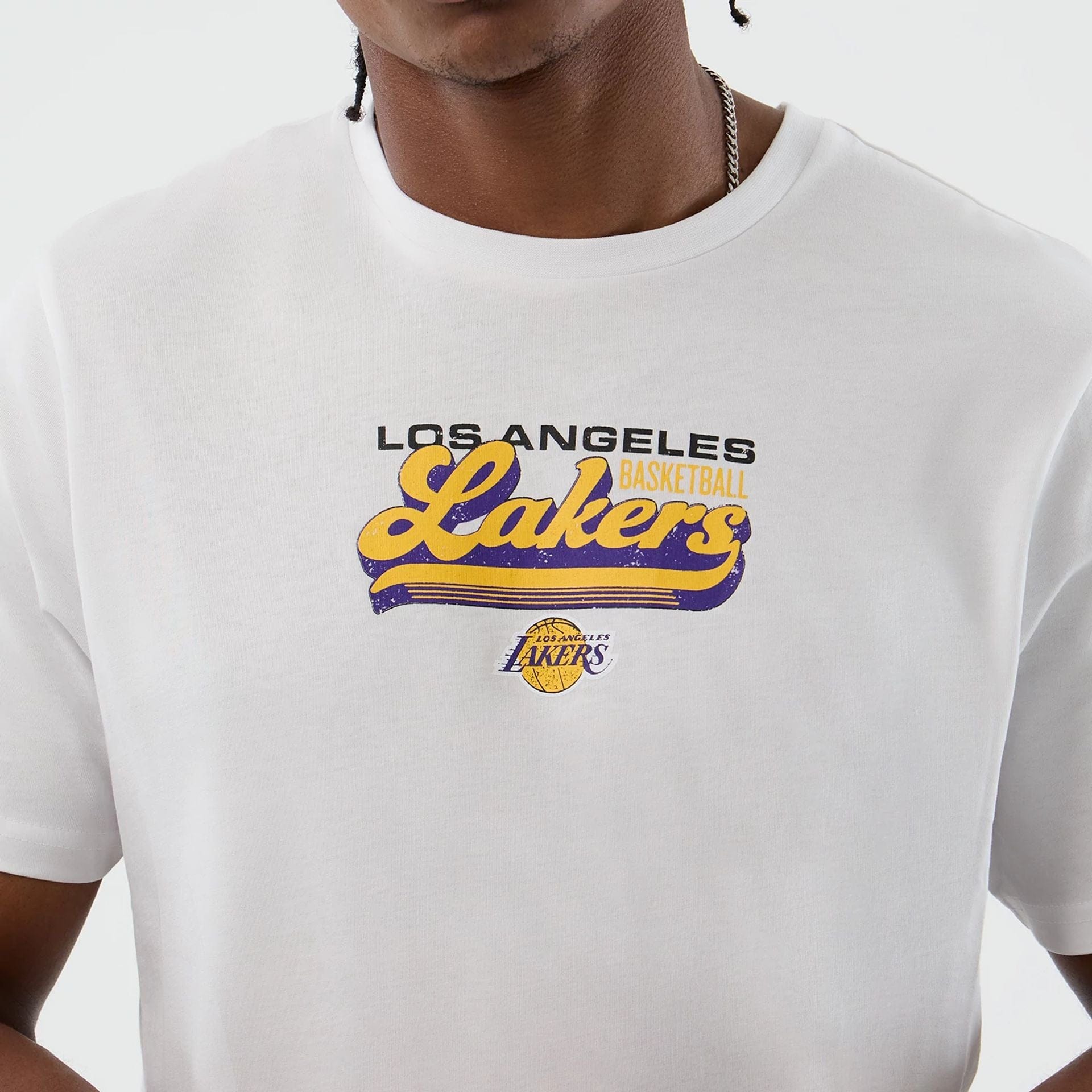 The Male model is wearing LA Lakers NBA Back To School White T-Shirt  5
