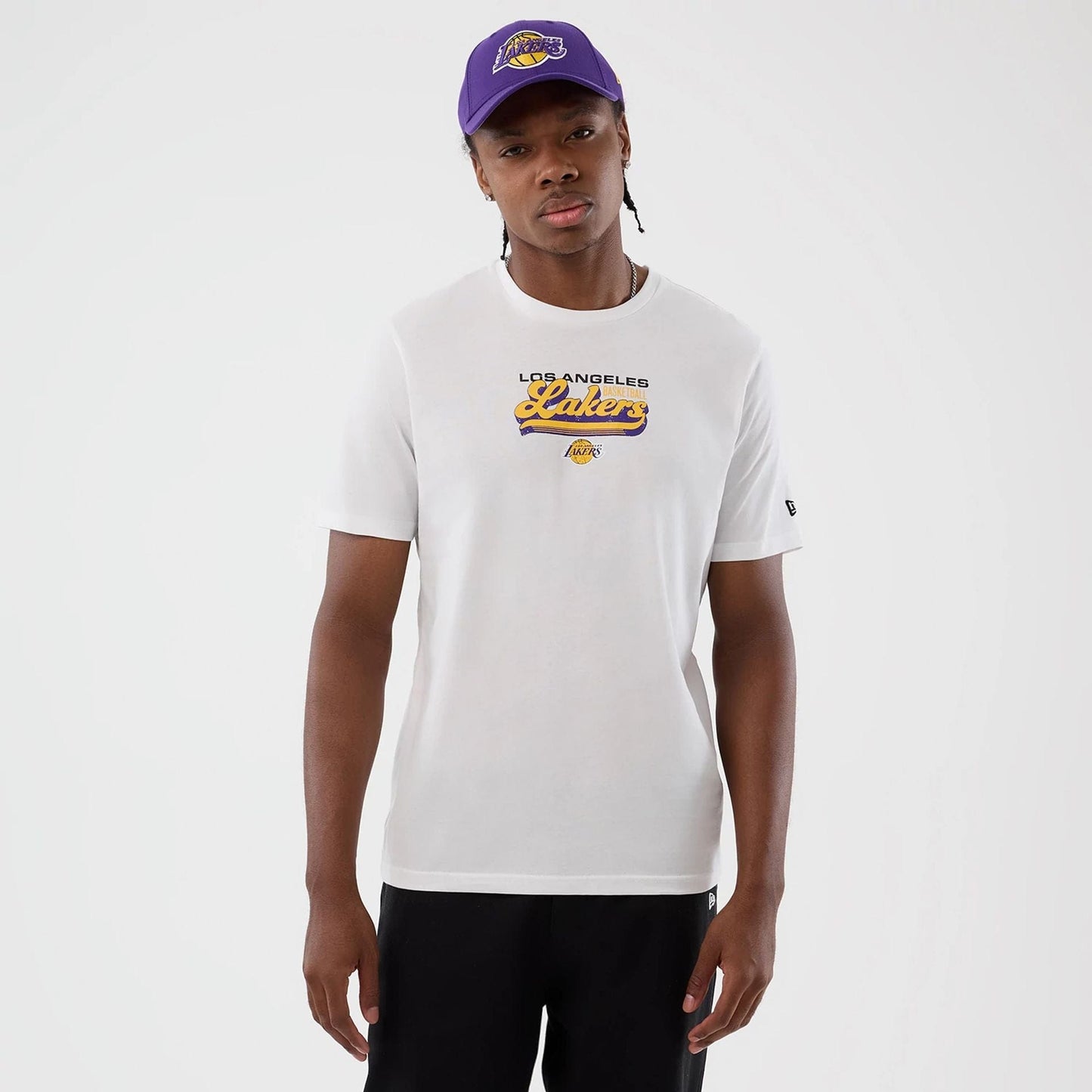 The Male model is wearing LA Lakers NBA Back To School White T-Shirt  1