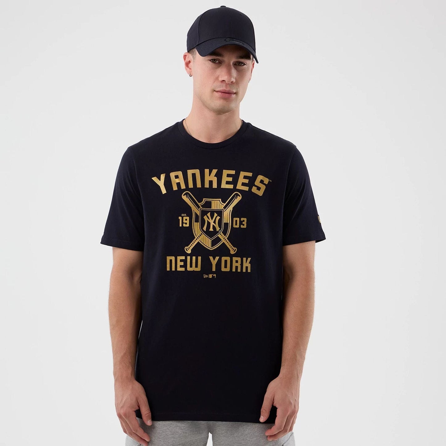 The Male model is wearing New York Yankees MLB Back To School Navy T-Shirt 1