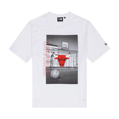 The Male model is wearing Chicago Bulls NBA Photographic White T-Shirt 1
