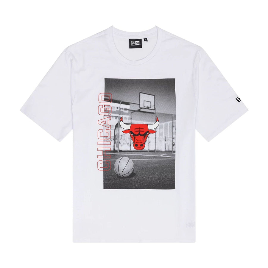 The Male model is wearing Chicago Bulls NBA Photographic White T-Shirt 1