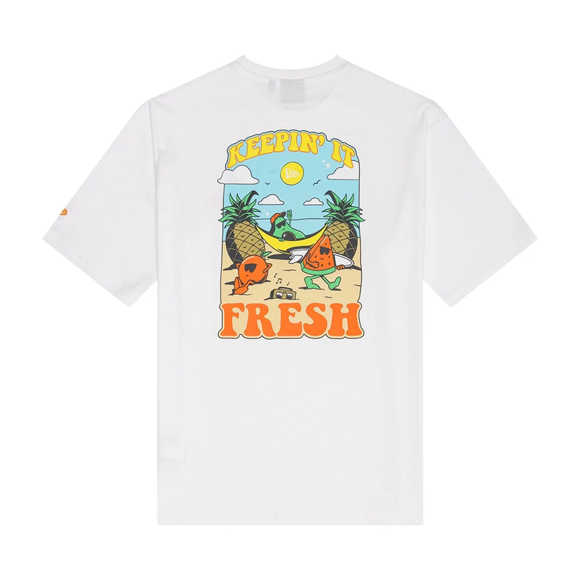The Male model is wearing New Era Summer Graphic White Oversized T-Shirt 2