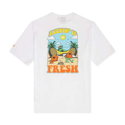 The Male model is wearing New Era Summer Graphic White Oversized T-Shirt 2
