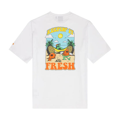 The Male model is wearing New Era Summer Graphic White Oversized T-Shirt 2