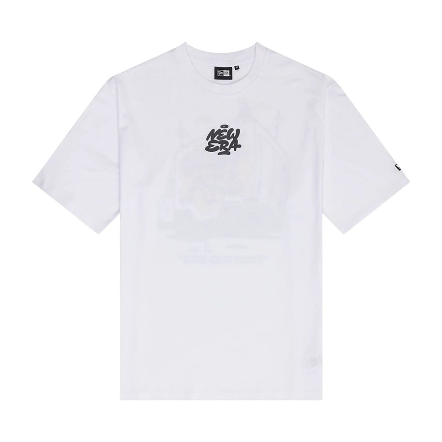 The Male model is wearing New Era Graffiti Graphic White Oversized T-Shirt 1