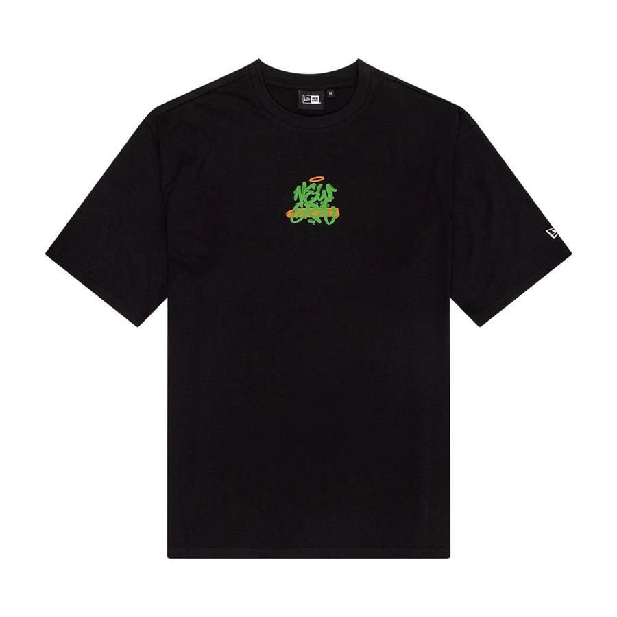 The Male model is wearing New Era Graffiti Graphic Black Oversized T-Shirt 1