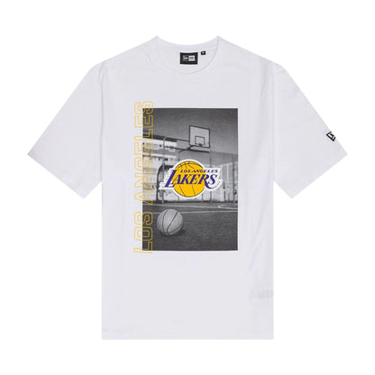 The Male model is wearing LA Lakers NBA Photographic White T-Shirt 1