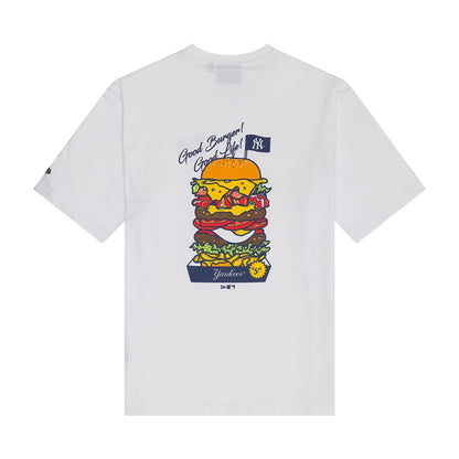The Male model is wearing New York Yankees MLB Burger Graphic White T-Shirt 2