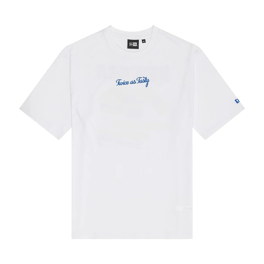 The Male model is wearing New Era Food Graphic White Oversized T-Shirt 1