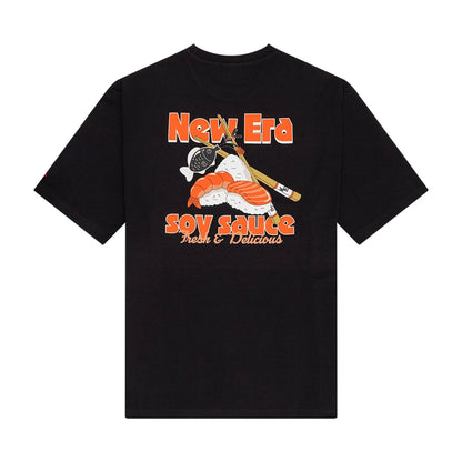 The Male model is wearing New Era Food Graphic Black Oversized T-Shirt 2