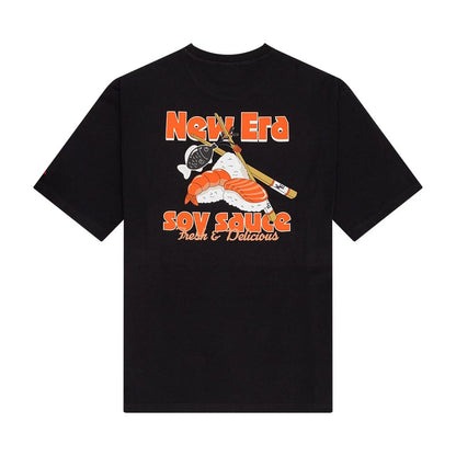 The Male model is wearing New Era Soy Sauce Graphic Black Oversized T-Shirt 2