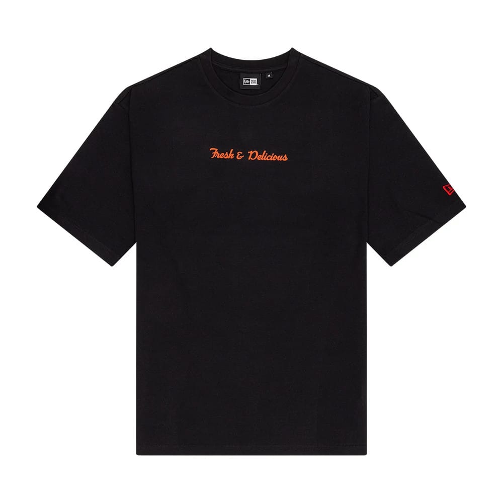 The Male model is wearing New Era Soy Sauce Graphic Black Oversized T-Shirt 1