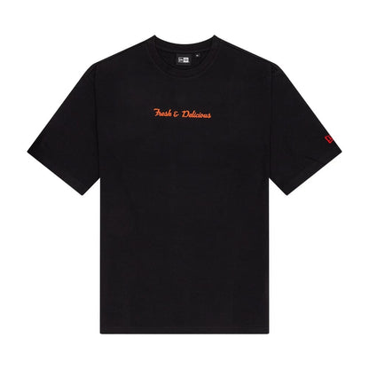 The Male model is wearing New Era Soy Sauce Graphic Black Oversized T-Shirt 1