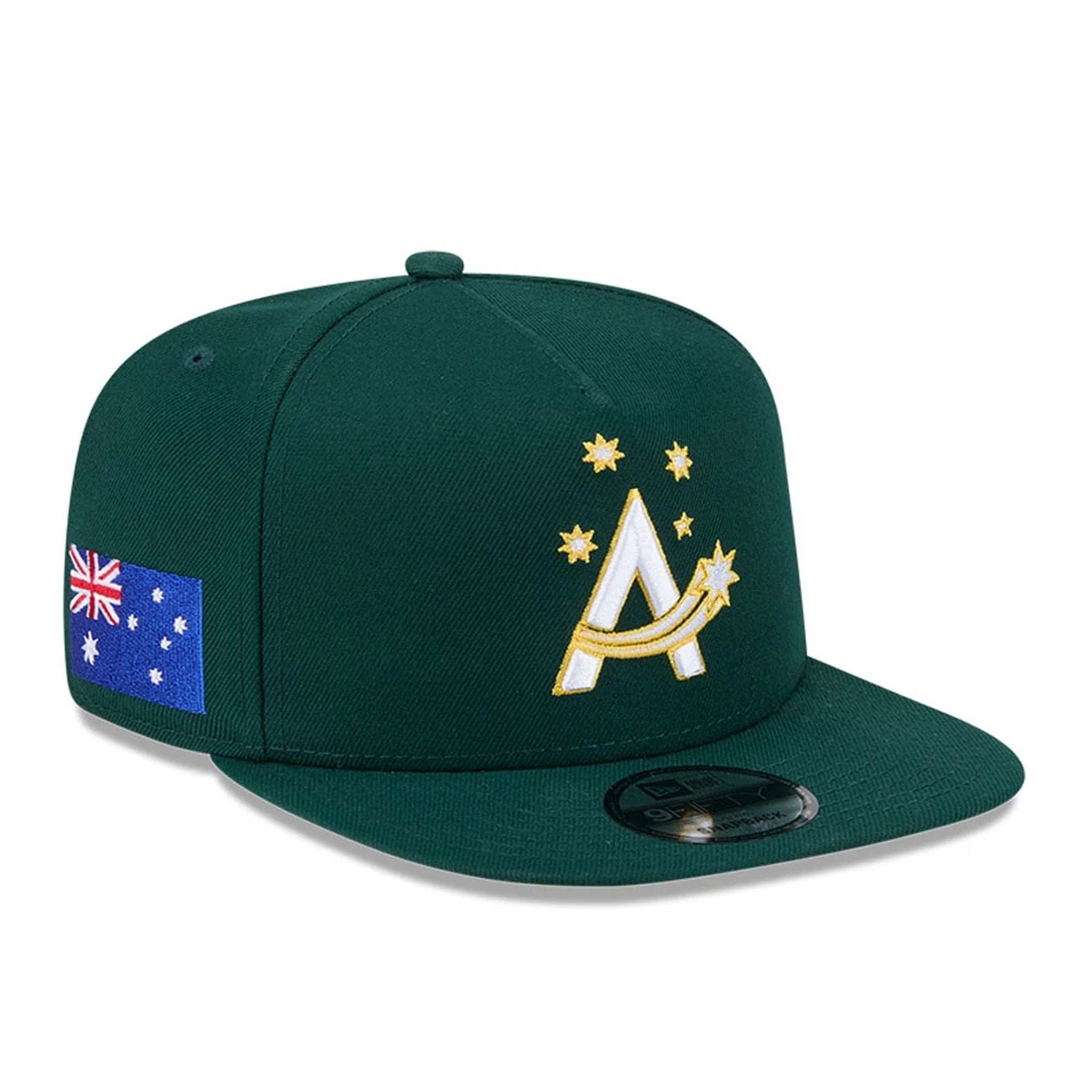 Pictured is this MLB World Baseball Classic 2026 Australia 9FIFTY A-Frame Snapback cap in dark green. 1