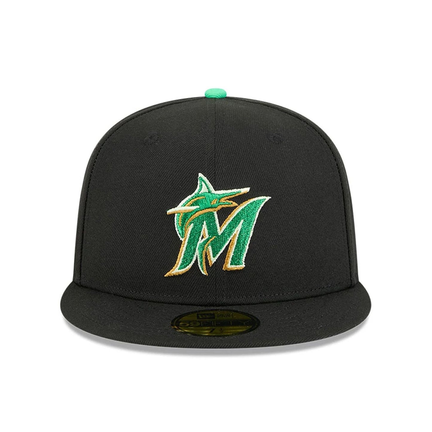 Pictured is this MLB Saint Patrick's Day Miami Marlins 59FIFTY Fitted cap in black. 2