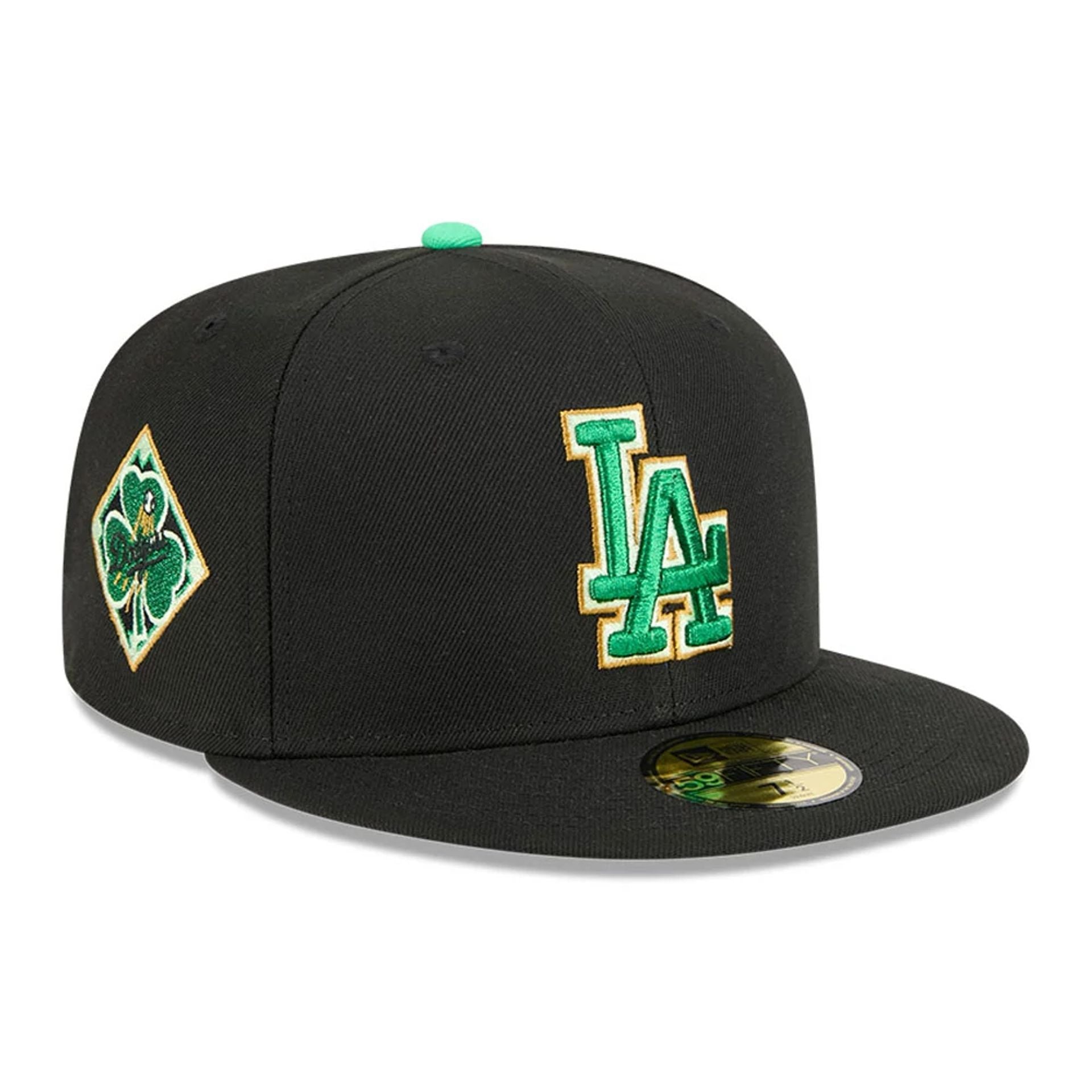 Pictured is this MLB Saint Patrick's Day LA Dodgers 59FIFTY Fitted cap in black. 1