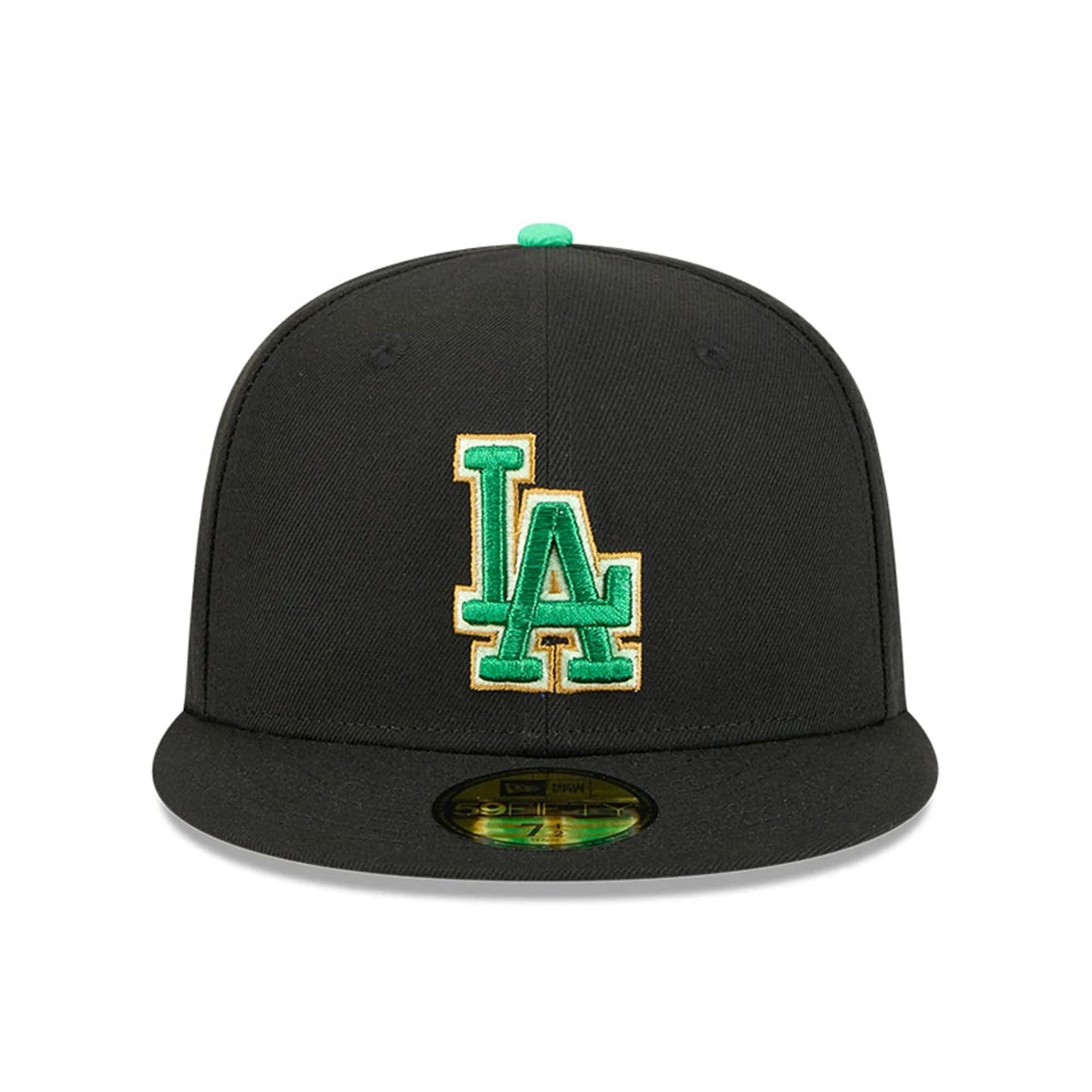 Pictured is this MLB Saint Patrick's Day LA Dodgers 59FIFTY Fitted cap in black. 2