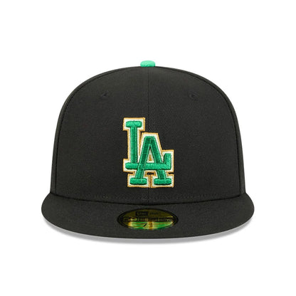 Pictured is this MLB Saint Patrick's Day LA Dodgers 59FIFTY Fitted cap in black. 2