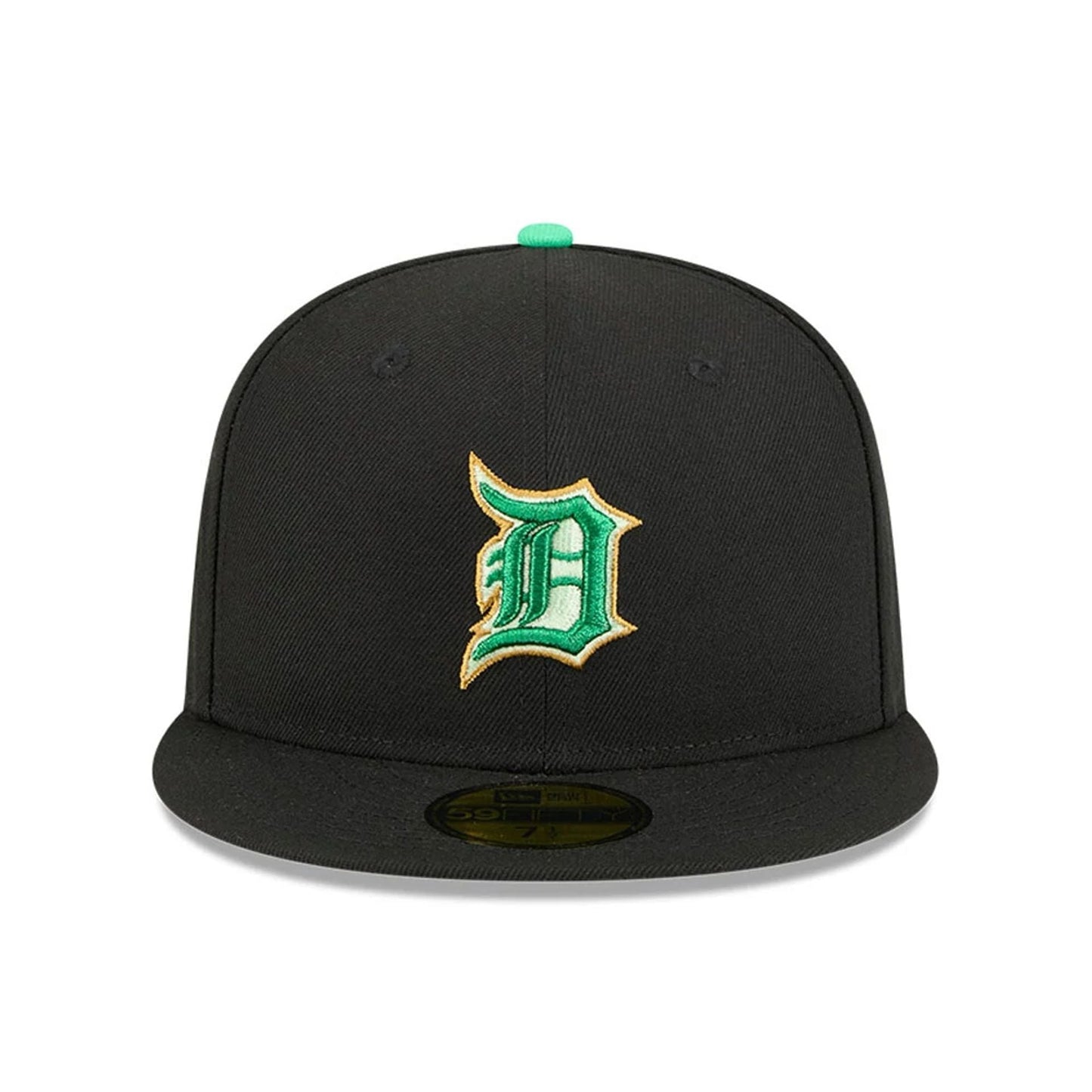 Pictured is this MLB Saint Patrick's Day Detroit Tigers 59FIFTY Fitted cap in black. 2