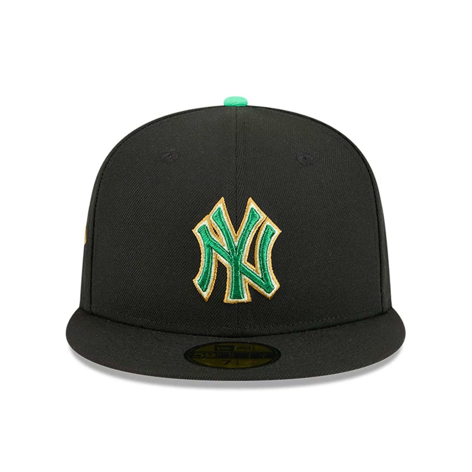 Pictured is this MLB Saint Patrick's Day New York Yankees 59FIFTY Fitted cap in black. 2