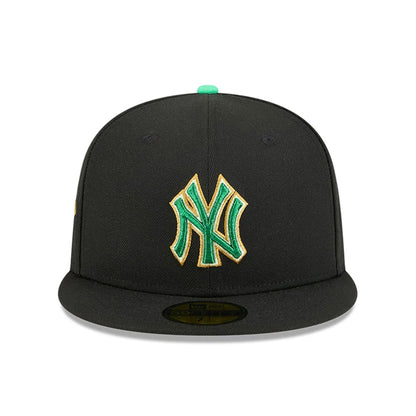 Pictured is this MLB Saint Patrick's Day New York Yankees 59FIFTY Fitted cap in black. 2