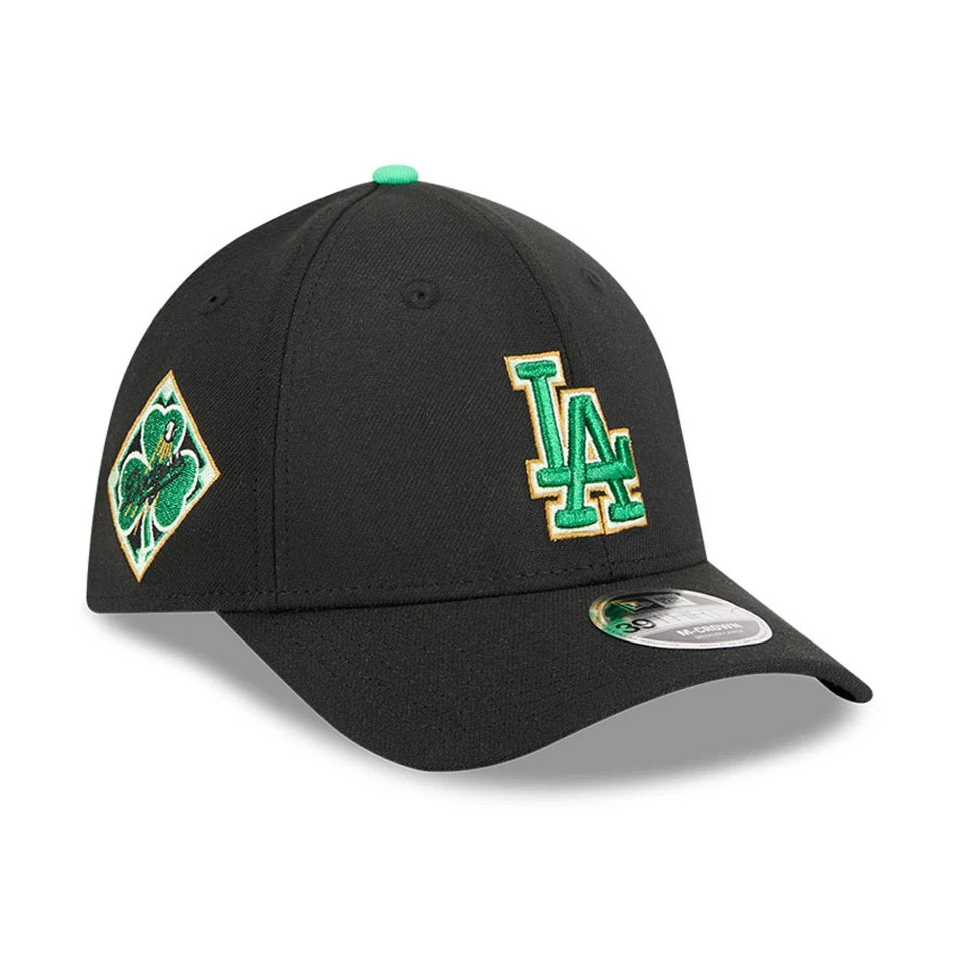 Pictured is this MLB Saint Patrick's Day LA Dodgers 39THIRTY M-Crown A-Frame Stretch Fit cap in black. 1