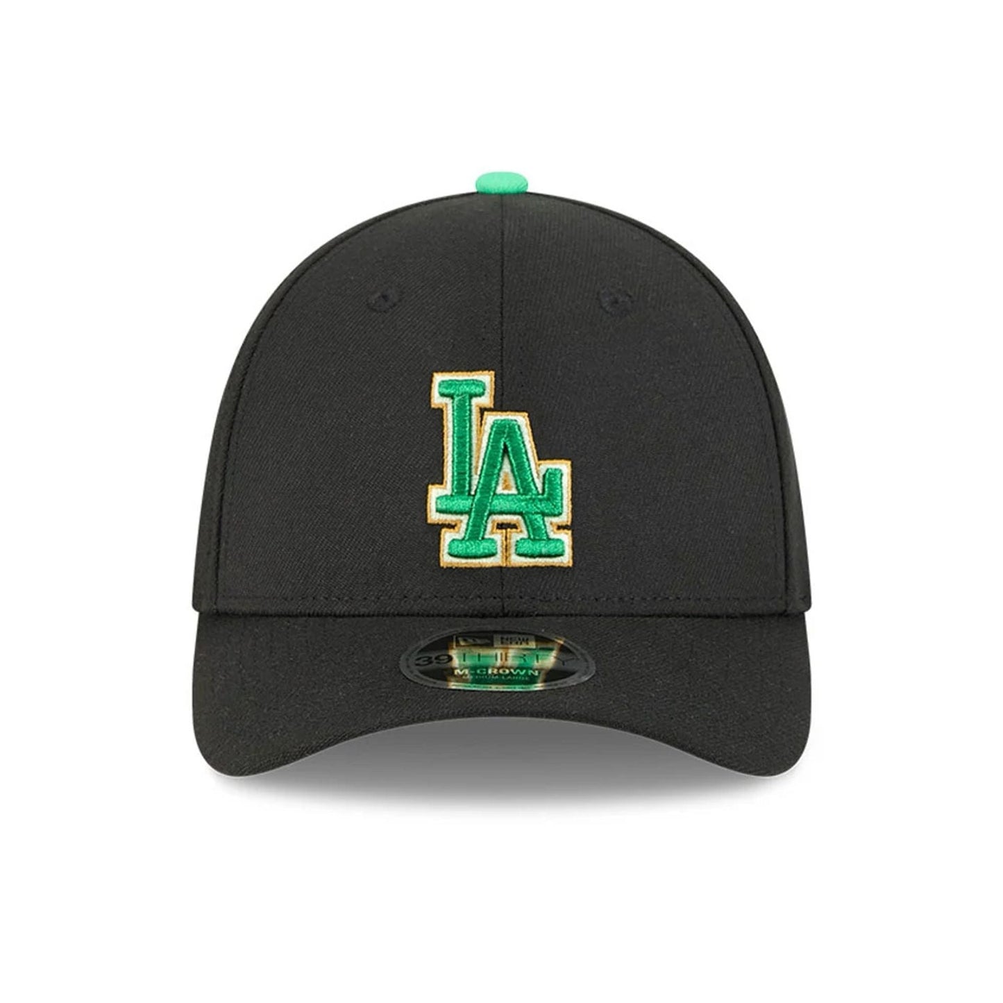 Pictured is this MLB Saint Patrick's Day LA Dodgers 39THIRTY M-Crown A-Frame Stretch Fit cap in black. 2