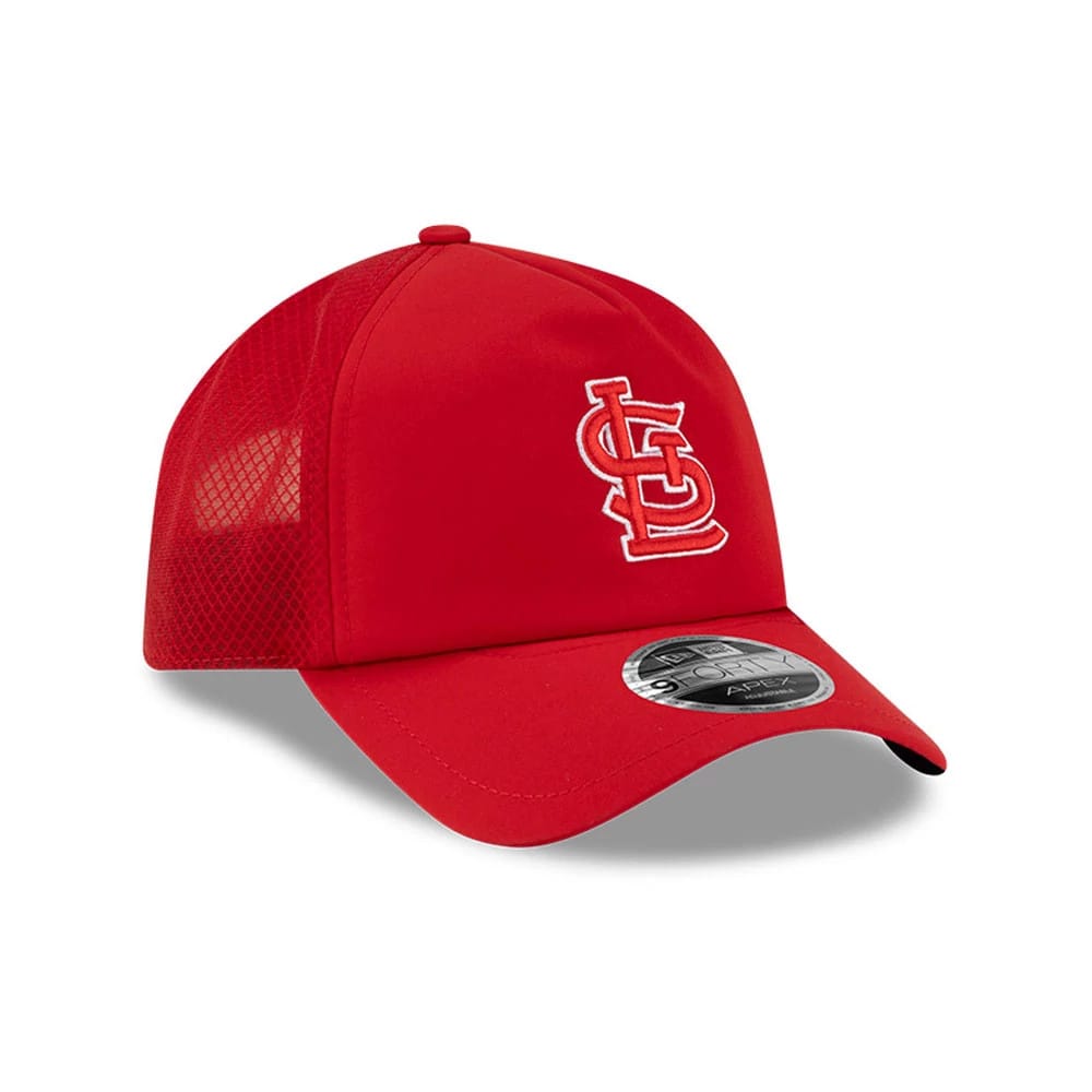 Pictured is this MLB Batting Practice 2026 St. Louis Cardinals 9FORTY Apex cap in red. 3