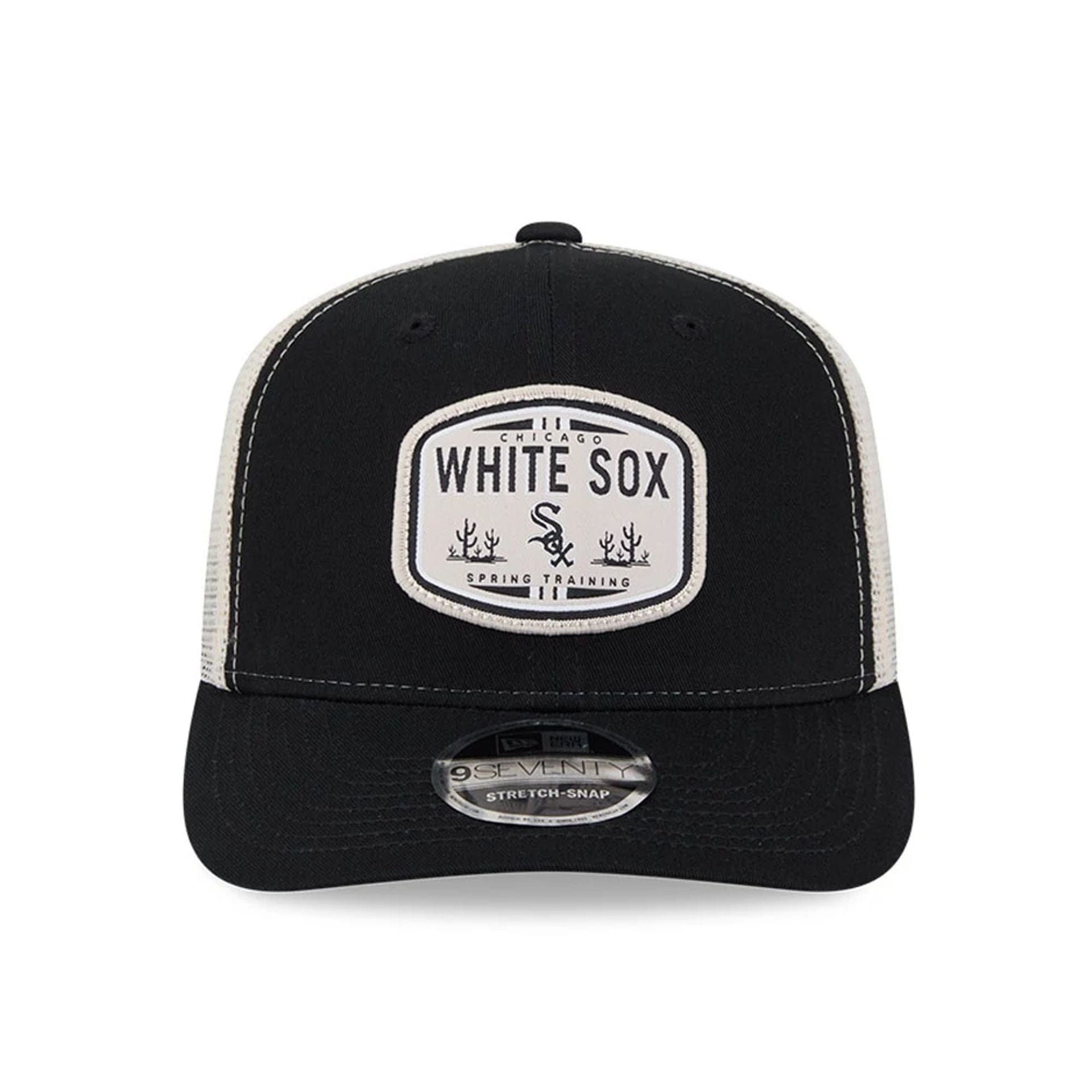 Pictured is this MLB Patch Chicago White Sox 9SEVENTY Stretch Snap cap in black. 3