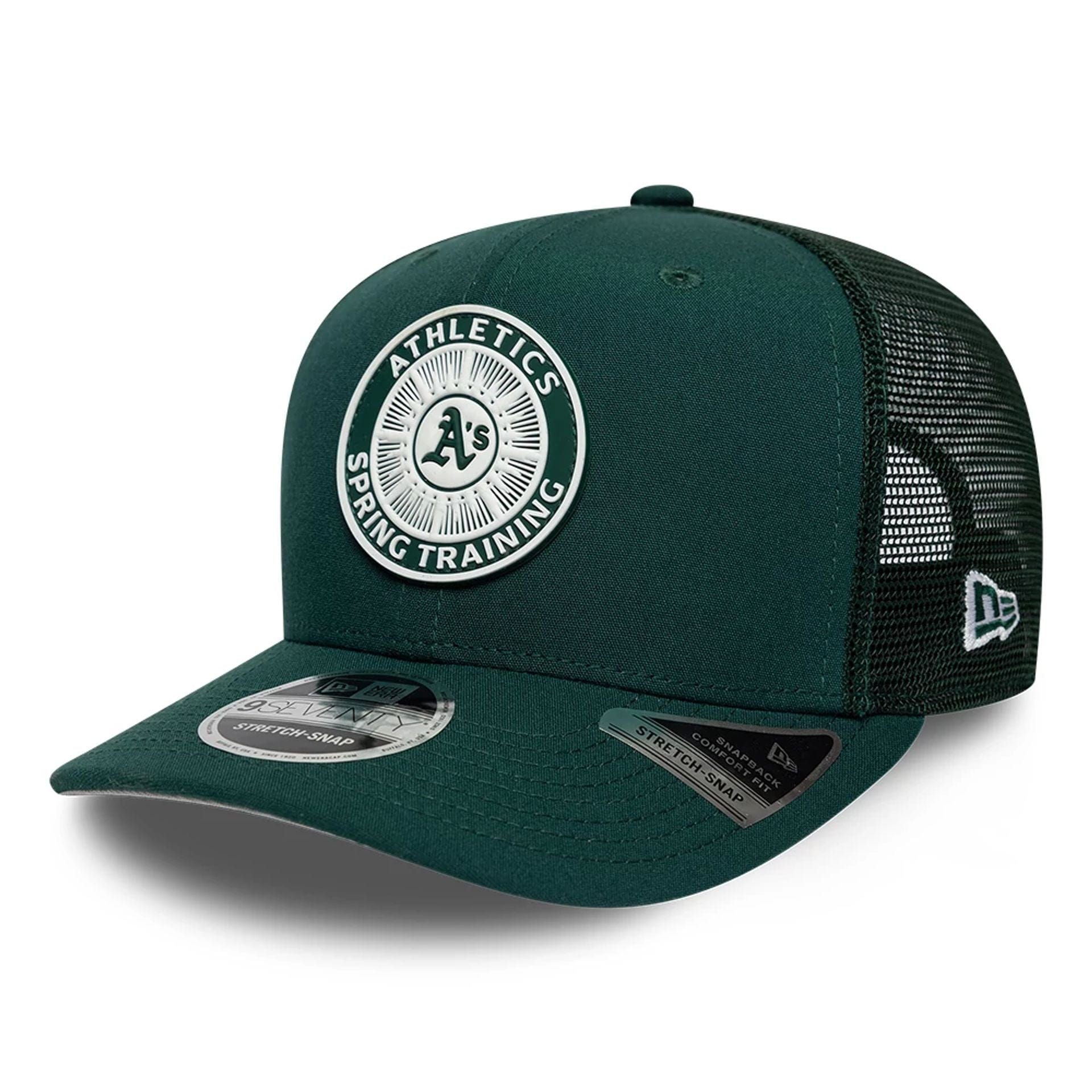 Pictured is this MLB Circles Athletics 9SEVENTY Stretch Snap cap in dark green. 1
