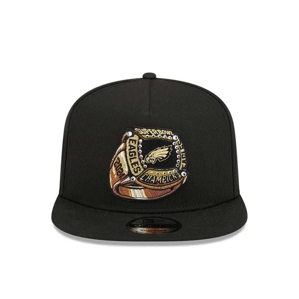 Pictured is this NFL Ring Philadelphia Eagles 9FIFTY A-Frame Snapback cap in black. 3
