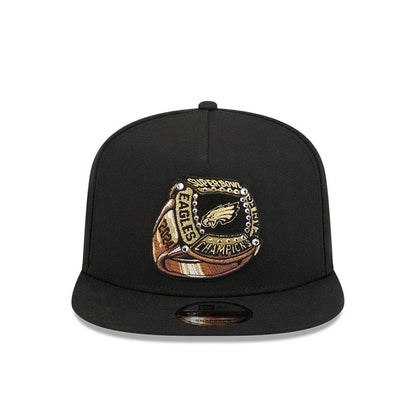 Pictured is this NFL Ring Philadelphia Eagles 9FIFTY A-Frame Snapback cap in black. 3