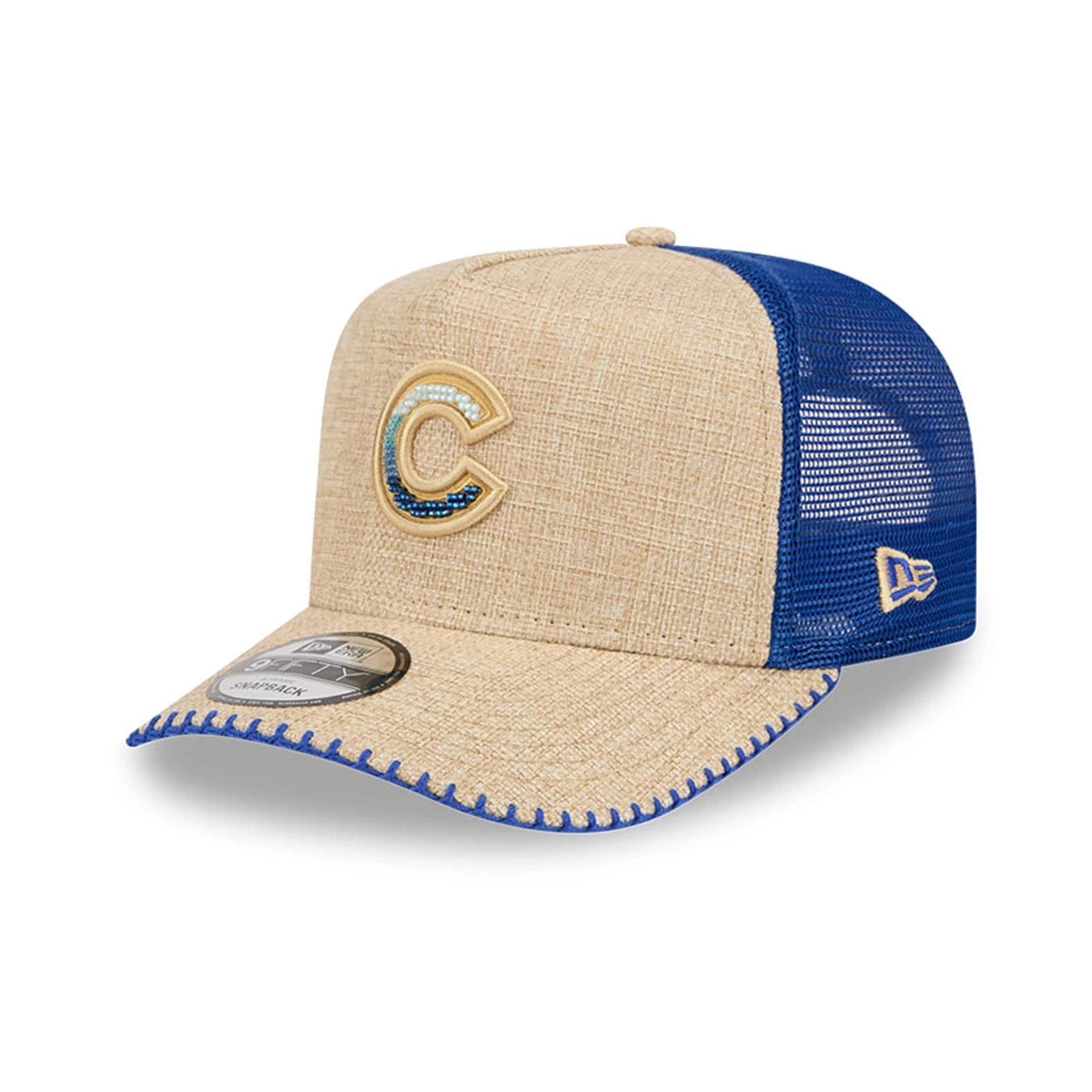 Pictured is this MLB Beaded Chicago Cubs 9FIFTY A-Frame Trucker cap in Beige. 1